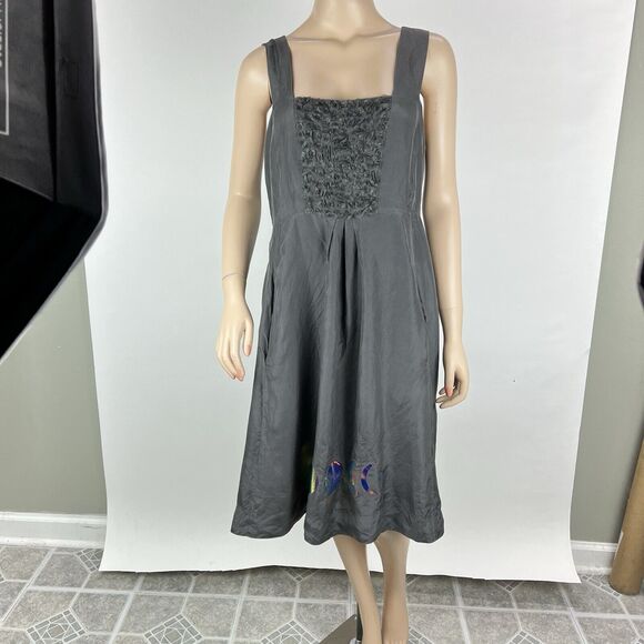 Eileen Fisher Gray Silk Chiffon Pleated Lined Sleeveless Beaded Dress MEDIUM - Picture 11 of 15